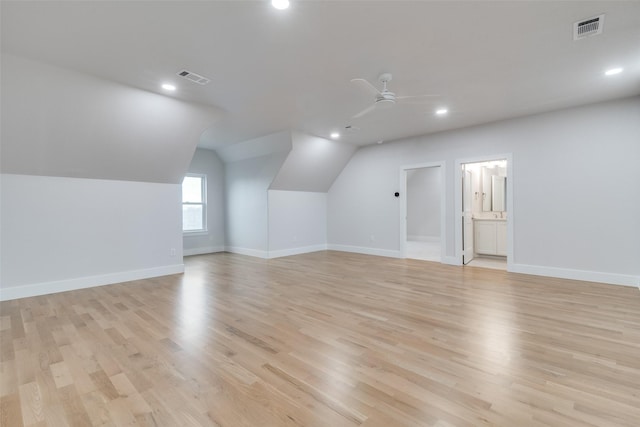 9813 Aiken Ct, Mesquite, TX 75126 - bonus room featuring recessed lighting, a ceiling fan, light wood-type flooring, baseboards, and vaulted ceiling