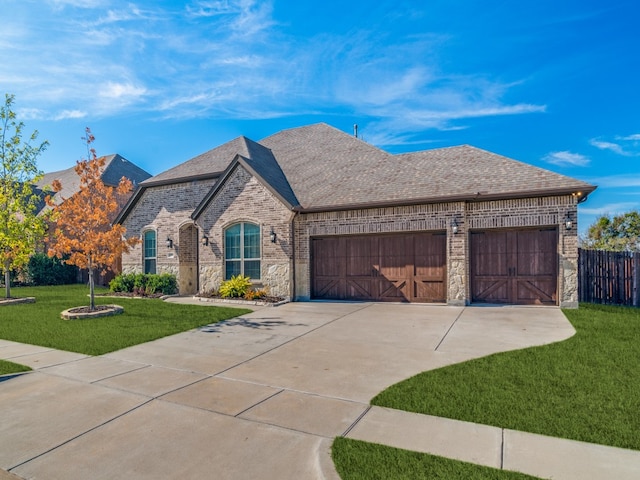 french country inspired facade featuring an attached garage, brick siding, a shingled roof, concrete driveway, and a front lawn