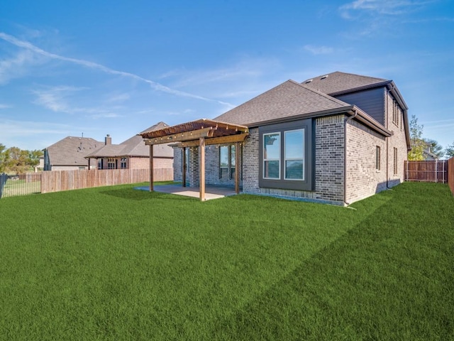 2317 Llano Dr, Royse City, TX 75189 - rear view of house with a pergola, brick siding, a patio area, and roof with shingles