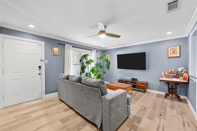 1246 Woodburn Trl, Dallas, TX 75241 - living room with light wood finished floors, crown molding, baseboards, recessed lighting, and a ceiling fan