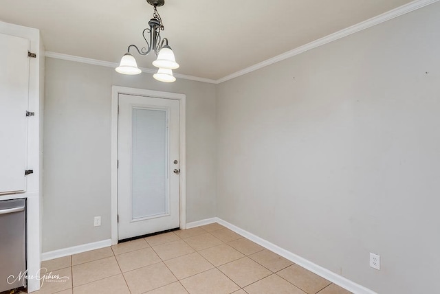 unfurnished dining area with light tile patterned floors, an inviting chandelier, and ornamental molding