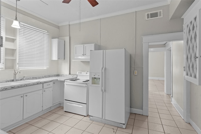 kitchen featuring white cabinets, white appliances, ceiling fan, and sink