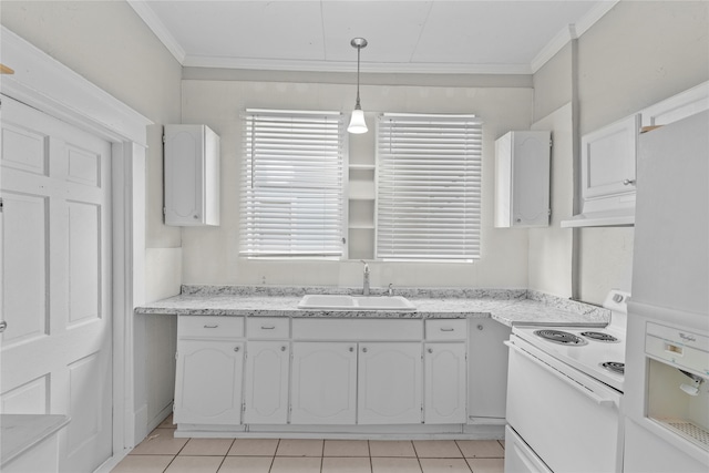 kitchen featuring sink, white appliances, crown molding, white cabinets, and pendant lighting