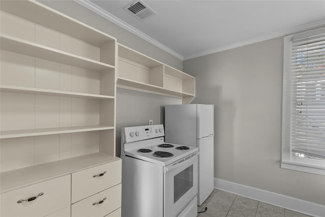 kitchen featuring white cabinetry, white appliances, light tile patterned floors, and ornamental molding