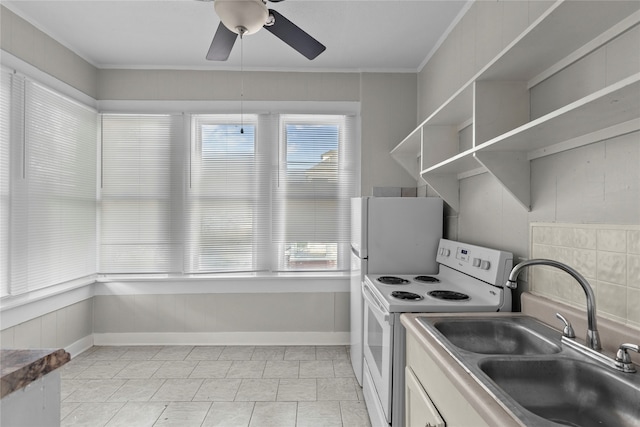 kitchen with crown molding, sink, white electric stove, and ceiling fan