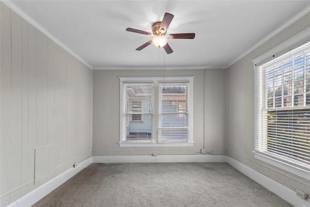 spare room with ceiling fan, ornamental molding, and carpet floors