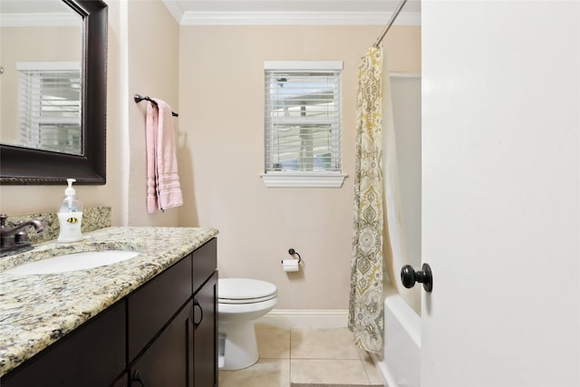 full bathroom featuring crown molding, vanity, tile patterned flooring, toilet, and shower / bathtub combination with curtain