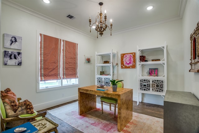 office space featuring ornamental molding, wood-type flooring, and an inviting chandelier