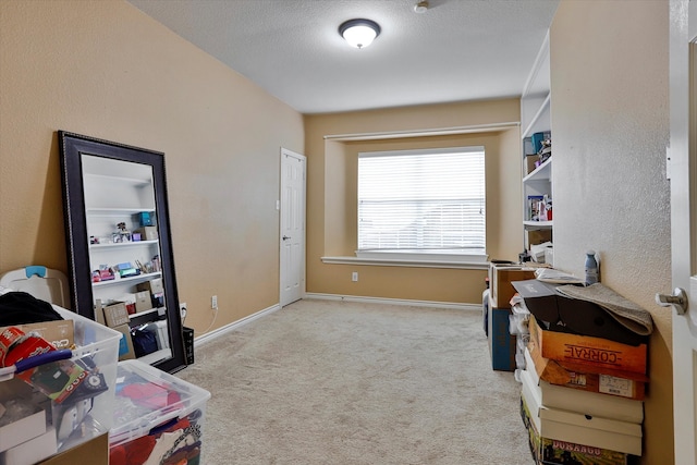 home office featuring light colored carpet and a textured ceiling