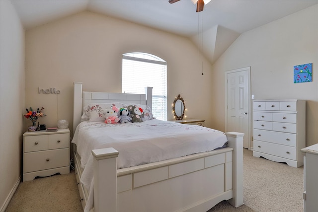 bedroom with vaulted ceiling, light carpet, and ceiling fan