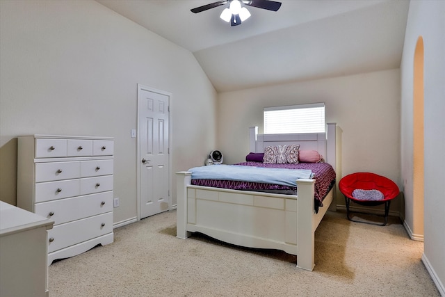 bedroom with ceiling fan and vaulted ceiling