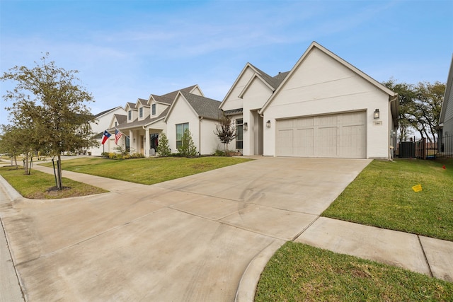 view of front facade with a garage, central AC unit, and a front lawn