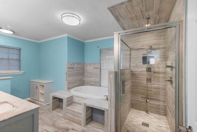 bathroom featuring independent shower and bath, vanity, wood-type flooring, and crown molding