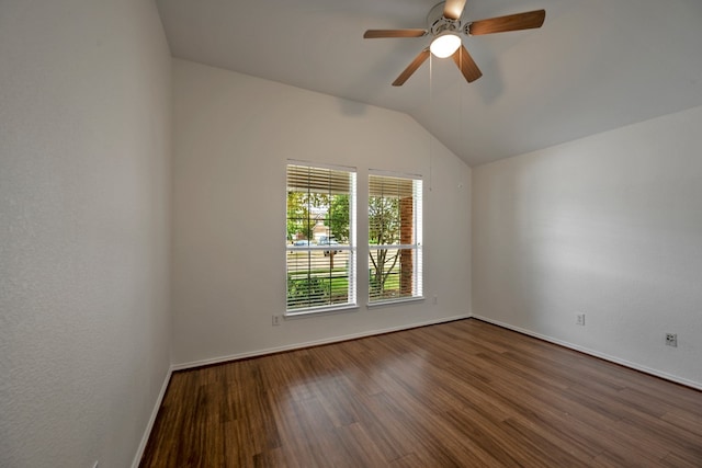 unfurnished room with hardwood / wood-style floors, ceiling fan, and lofted ceiling