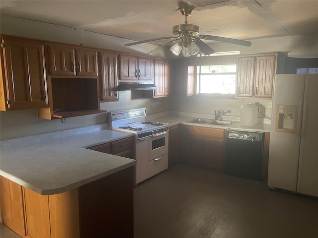 kitchen with sink, kitchen peninsula, ceiling fan, white appliances, and dark hardwood / wood-style flooring