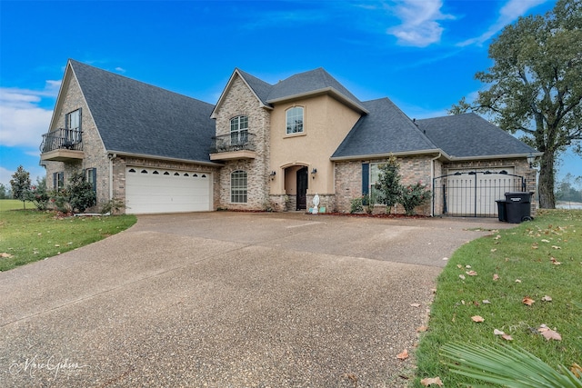 view of front of house with a garage, a front yard, and a balcony