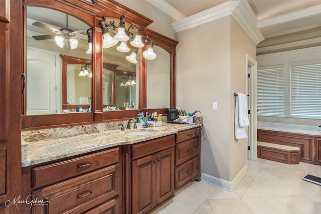 bathroom with vanity, ceiling fan, tile patterned flooring, and crown molding