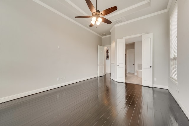 unfurnished bedroom with ornamental molding, dark hardwood / wood-style floors, and ceiling fan