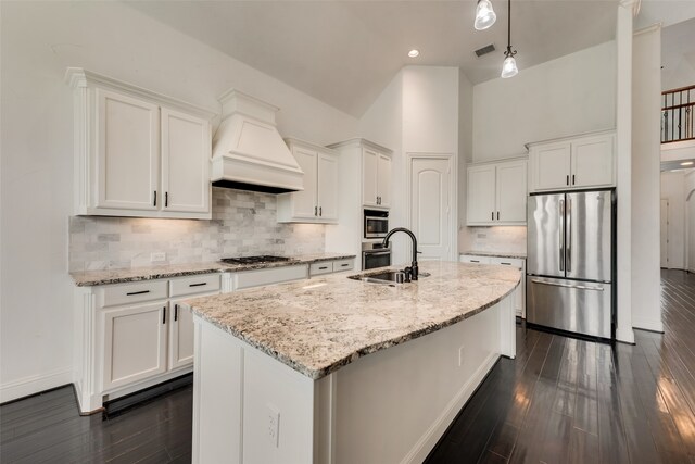 kitchen featuring white cabinetry, sink, appliances with stainless steel finishes, high vaulted ceiling, and dark wood-type flooring