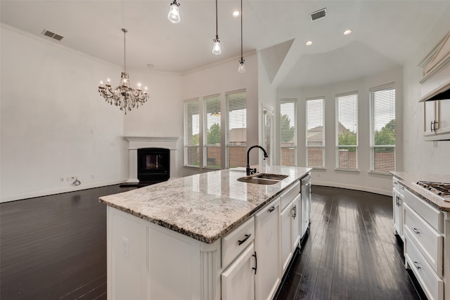 kitchen featuring dark hardwood / wood-style floors, sink, a center island with sink, and plenty of natural light