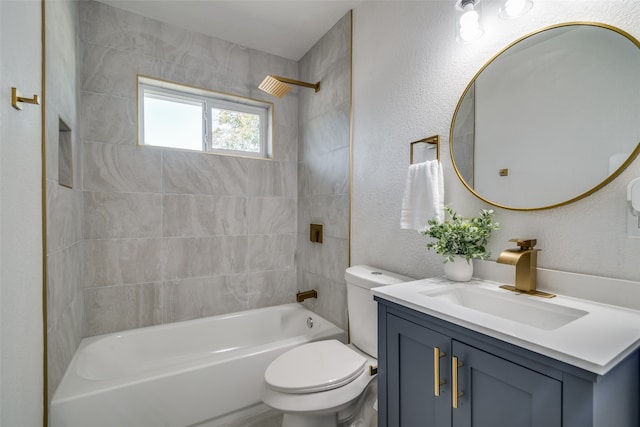 full bathroom with tiled shower / bath combo, toilet, and vanity