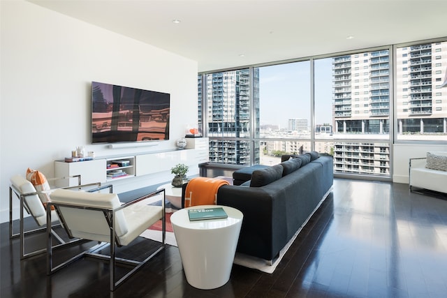 living room with dark hardwood / wood-style flooring, a wall of windows, and plenty of natural light