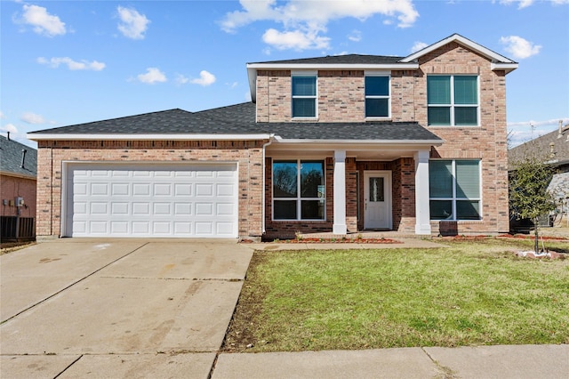 view of front of home with brick siding, concrete driveway, an attached garage, central AC, and a front lawn