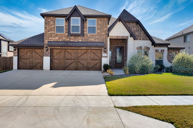 view of front of house with a front yard and a garage