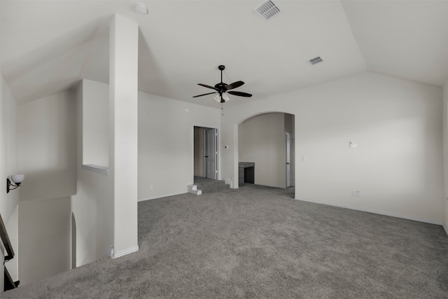 unfurnished living room with carpet flooring, ceiling fan, and lofted ceiling