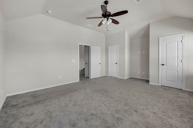 additional living space with ceiling fan, carpet floors, and vaulted ceiling