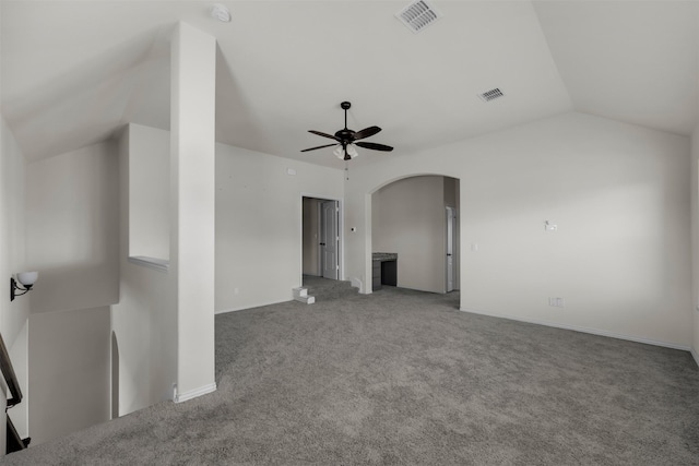 203 Half Moon Dr, Waxahachie, TX 75165 - unfurnished living room featuring a ceiling fan, arched walkways, visible vents, and lofted ceiling
