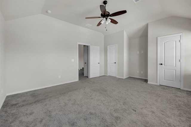203 Half Moon Dr, Waxahachie, TX 75165 - unfurnished bedroom featuring ceiling fan, visible vents, carpet floors, baseboards, and vaulted ceiling