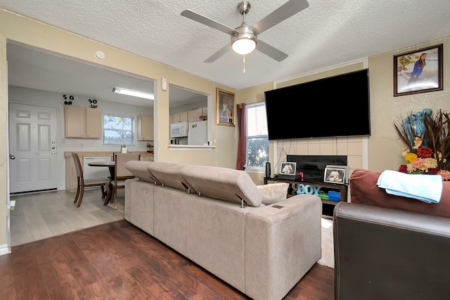 living room featuring ceiling fan, a textured ceiling, and dark hardwood / wood-style floors