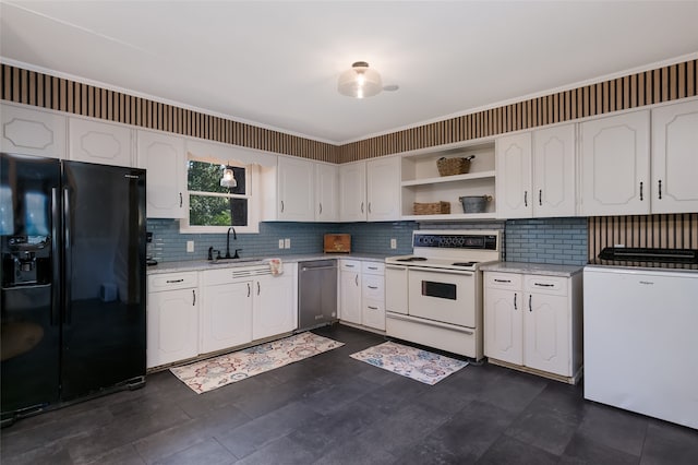 kitchen with black refrigerator with ice dispenser, white range with electric stovetop, white cabinetry, fridge, and dishwasher