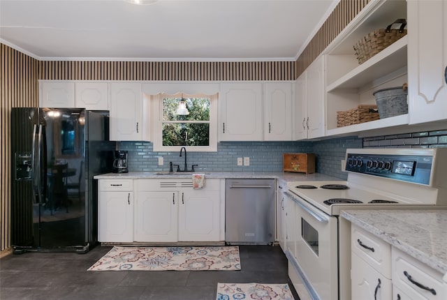 kitchen with sink, stainless steel dishwasher, white cabinets, white electric range, and black fridge with ice dispenser