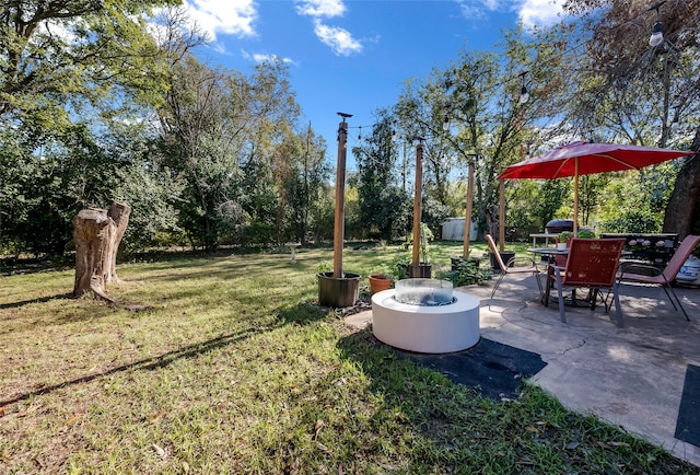 view of yard with a fire pit and a patio area