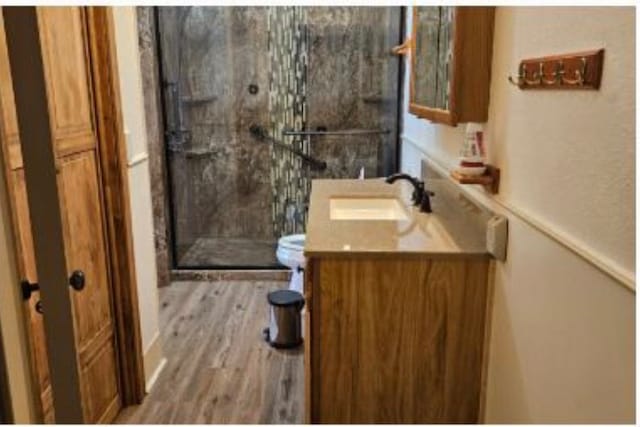 bathroom with hardwood / wood-style flooring, vanity, toilet, and an enclosed shower