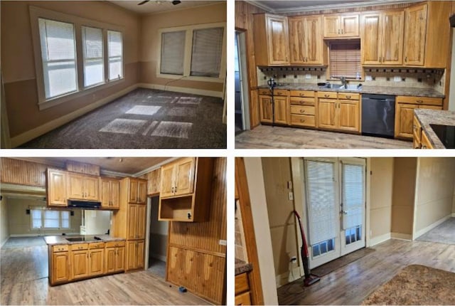 kitchen featuring sink, backsplash, black appliances, light wood-type flooring, and french doors