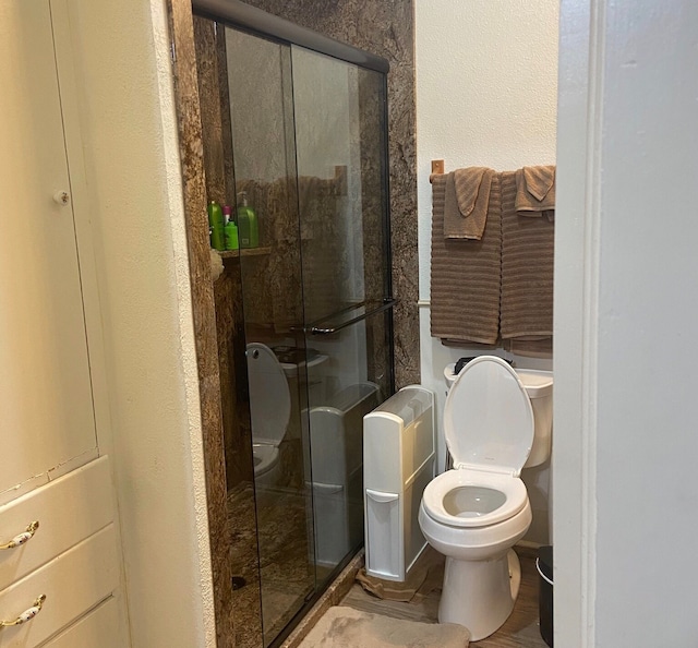 bathroom with toilet and a shower with door