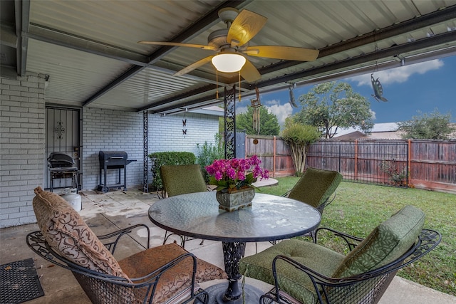 view of patio / terrace with ceiling fan and grilling area