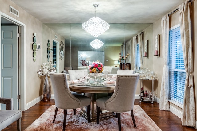 dining space with a chandelier, a healthy amount of sunlight, and dark hardwood / wood-style floors