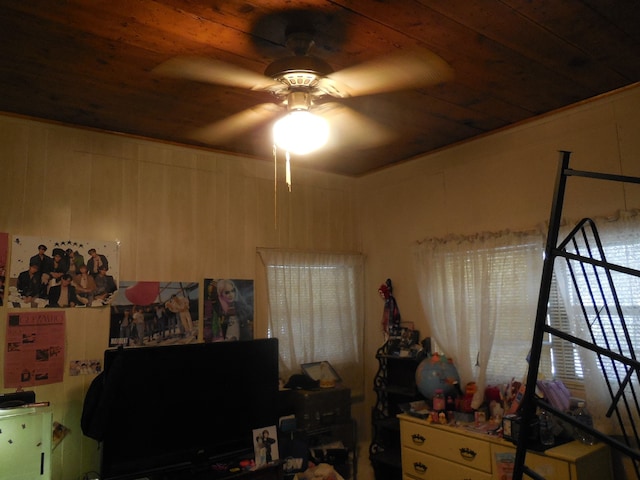 bedroom featuring ceiling fan and wood ceiling