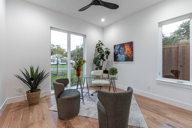 living area with light hardwood / wood-style floors, a wealth of natural light, and ceiling fan