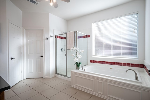 bathroom featuring ceiling fan, tile patterned floors, and shower with separate bathtub