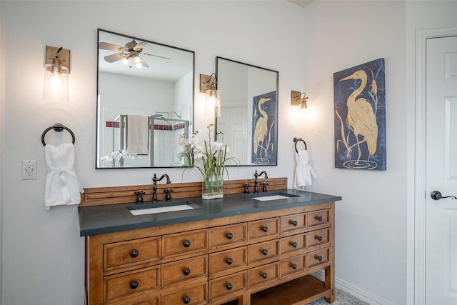 bathroom featuring vanity and ceiling fan