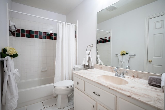 full bathroom with tile patterned flooring, vanity, shower / tub combo, and toilet