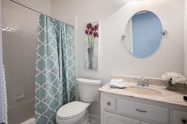 full bathroom with shower / bathtub combination with curtain, vanity, and toilet