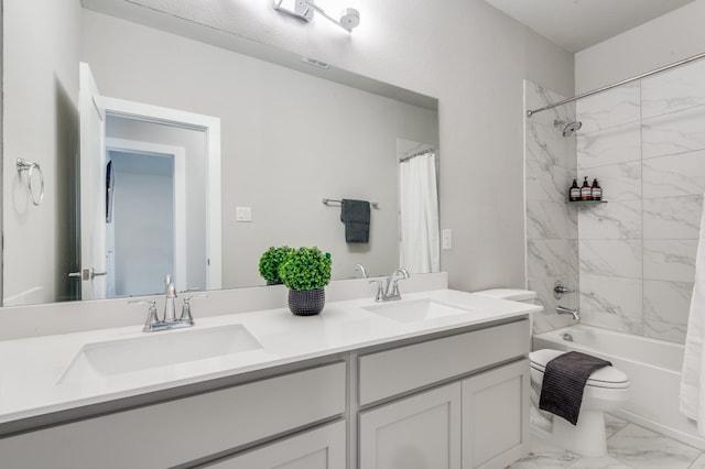 full bathroom with toilet, vanity, and shower / bathtub combination with curtain