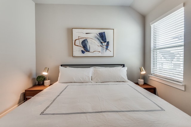 bedroom featuring multiple windows and vaulted ceiling