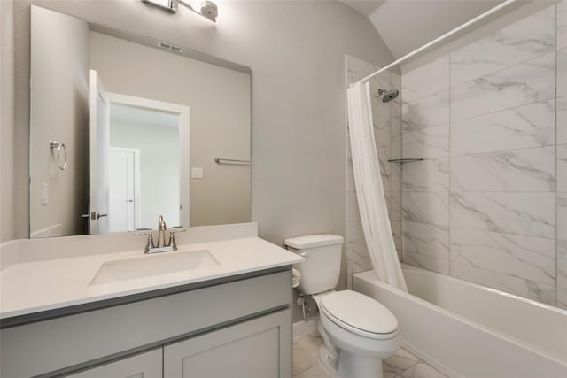 full bathroom featuring lofted ceiling, vanity, toilet, and shower / bath combination with curtain